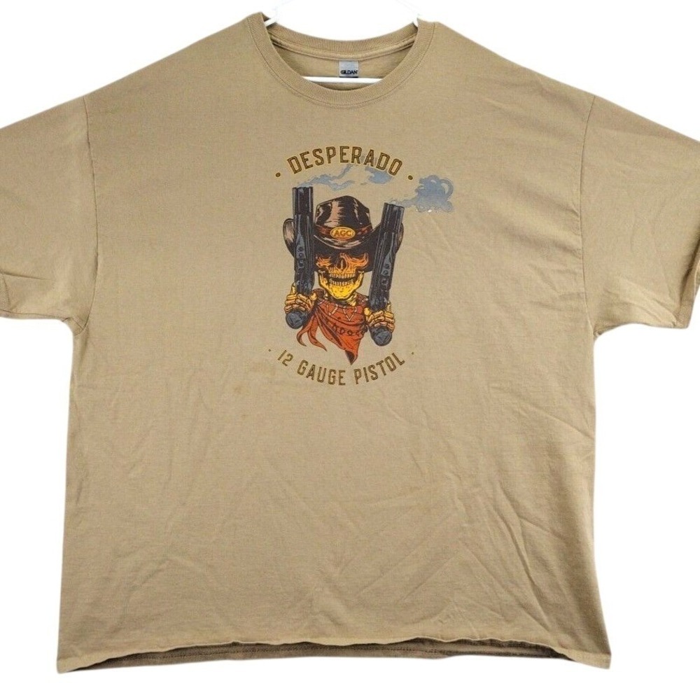 Gildan Desperado Skull Guns 12 Gauge Pistol Graphic T Shirt‎ Mens Tan XL
